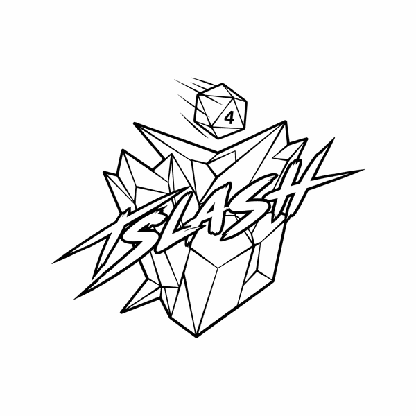 Malvorlage: Ein Würfel rollt über ein stilisiertes Track Slash Logo