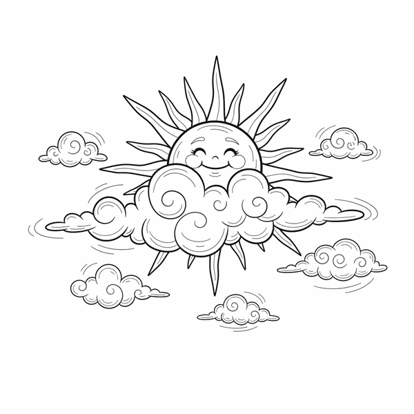 Malvorlage: Eine Sonne lugt hinter einer Wolke hervor
