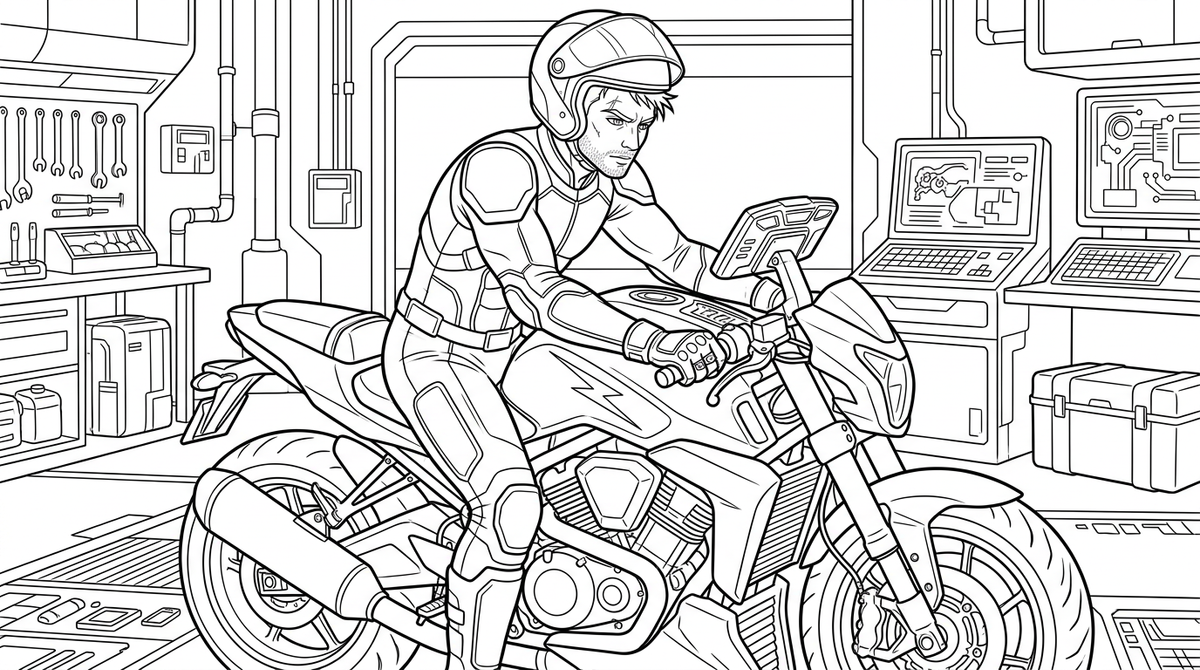 Seite 1: Der Rider spürt das Beben des Motors unter sich, ein vertrautes Knattern, das durch den Asphalt hallt. Sein Visier ist unten, die digitale Anzeige blinkt im Rhythmus seines Herzschlags. Eine neue Mission ruft.