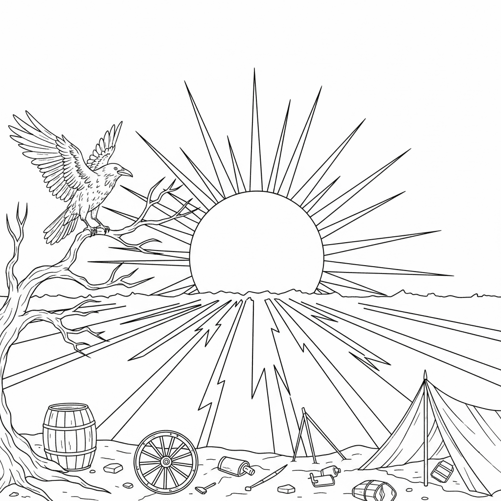 Seite 1: Die rote Sonne sendet einen warmen Strahl über das Land.
