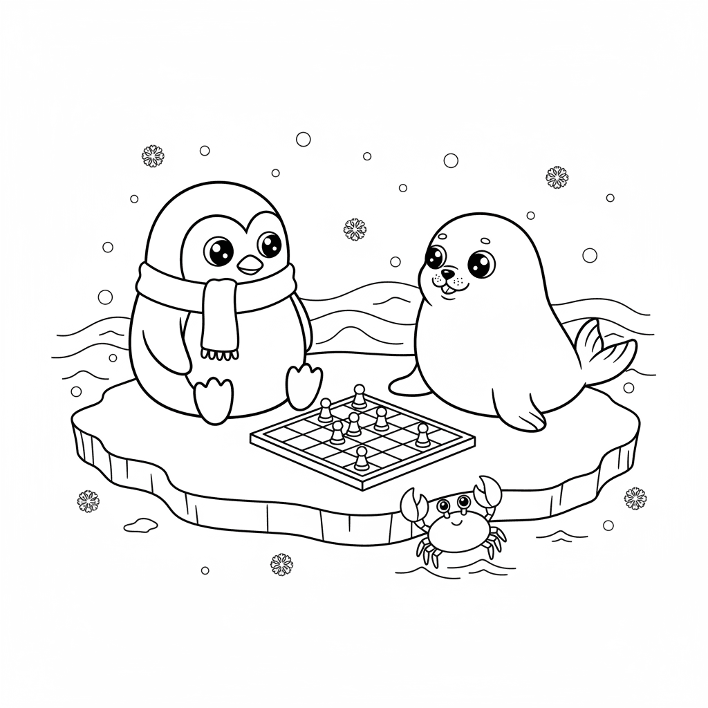 Seite 1: Der Pinguin und die Seerobbe saßen auf einer Eisscholle, die sanft im Wasser schaukelte. Ihre Atemwolken vermischten sich in der klaren, kalten Luft, während sie konzentriert auf das Schachbrett blickten.