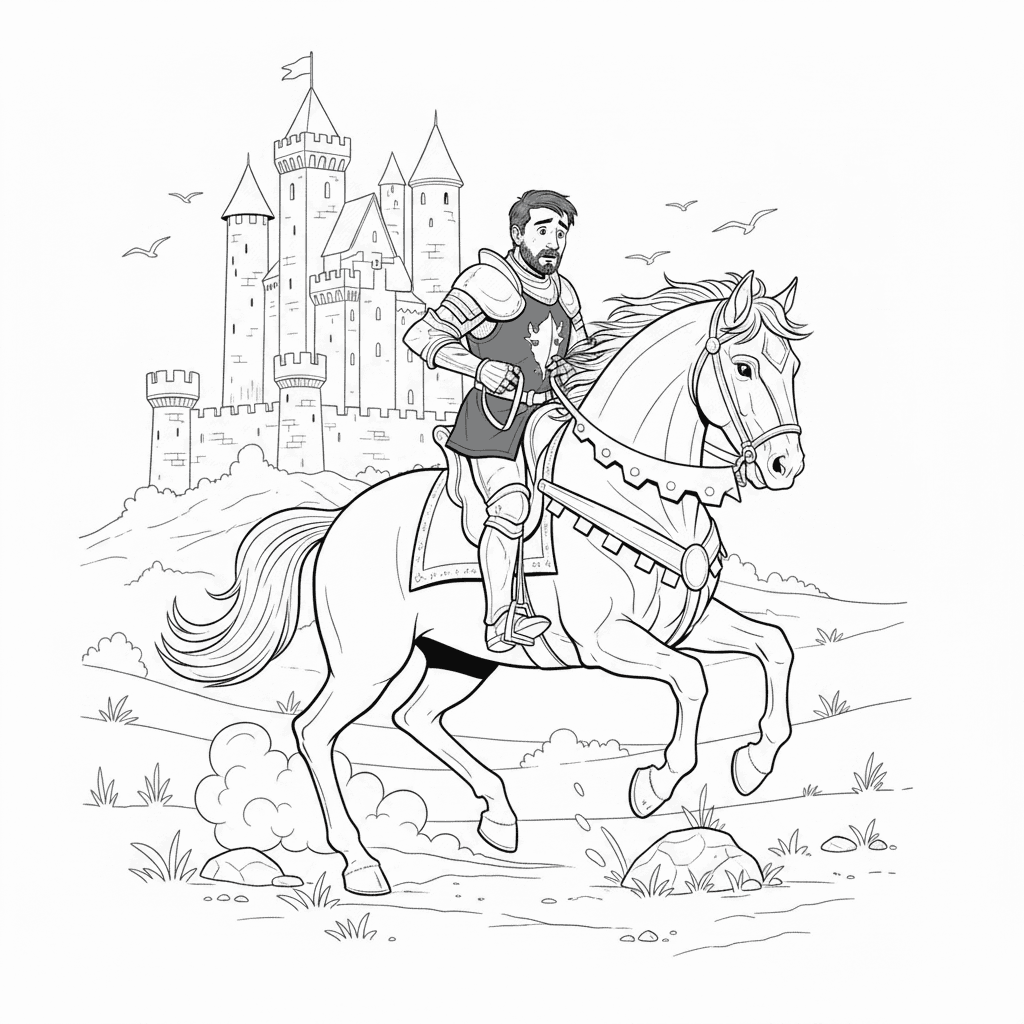 Seite 2: Plötzlich strauchelt das Pferd, ein leises Wimmern entweicht ihm. Der Ritter spürt die Anspannung in den Muskeln seines treuen Gefährten. Ein scharfer Stein hat sich im Huf verfangen, ein kleines Hindernis auf dem Weg zur Burg.