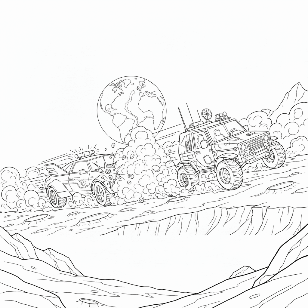 Seite 3: Plötzlich schwenkt der Rover scharf ab, wirft eine Wolke aus Staub und kleinen Steinen auf, die gegen das Visier des Polizeiautos prallen. Ein kurzer Funkenflug entsteht, als die gepanzerte Karosserie den Aufprall abfängt.