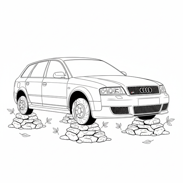 Malvorlage: Ein Audi RS6 C5 von 2004 steht ohne Reifen auf Steinen