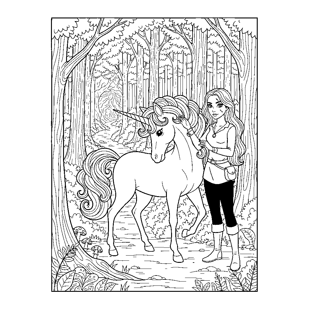 Seite 2: Plötzlich entdeckt das Einhorn einen verborgenen Pfad, der tiefer in den Wald führt. Ein Hauch von Mondsichel liegt auf dem Moos, als es neugierig den Kopf hebt, eine leise Stille umfängt sie.