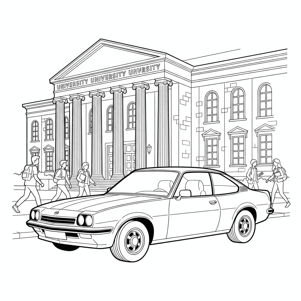 Seite 1: Der klassische Opel Manta B parkt vor der ehrwürdigen Universitätsbibliothek. Ein leichter Wind lässt alte Blätter über den Asphalt knirschen, während der Student die verstaubten Mauern mustert.