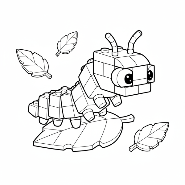 Malvorlage: Eine Raupe im Lego-Stil krabbelt auf einem Blatt