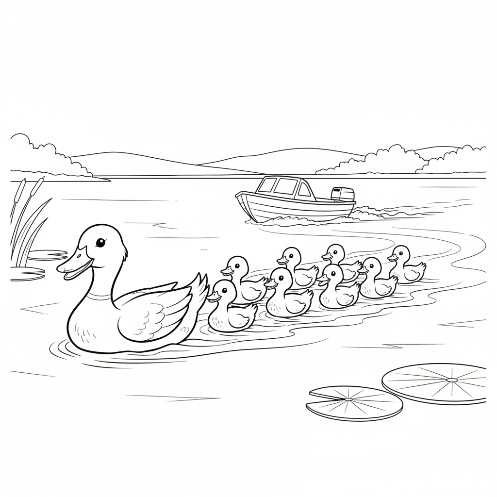 Seite 1: Der Kapitän steuert sein schnelles Boot über den spiegelnden See. Eine Entenfamilie paddelt ahnungslos vor ihm, das Wasser kräuselt sich sanft um ihre kleinen Körper. Sein Blick ist starr auf das Ziel gerichtet, die Gischt spritzt hoch.