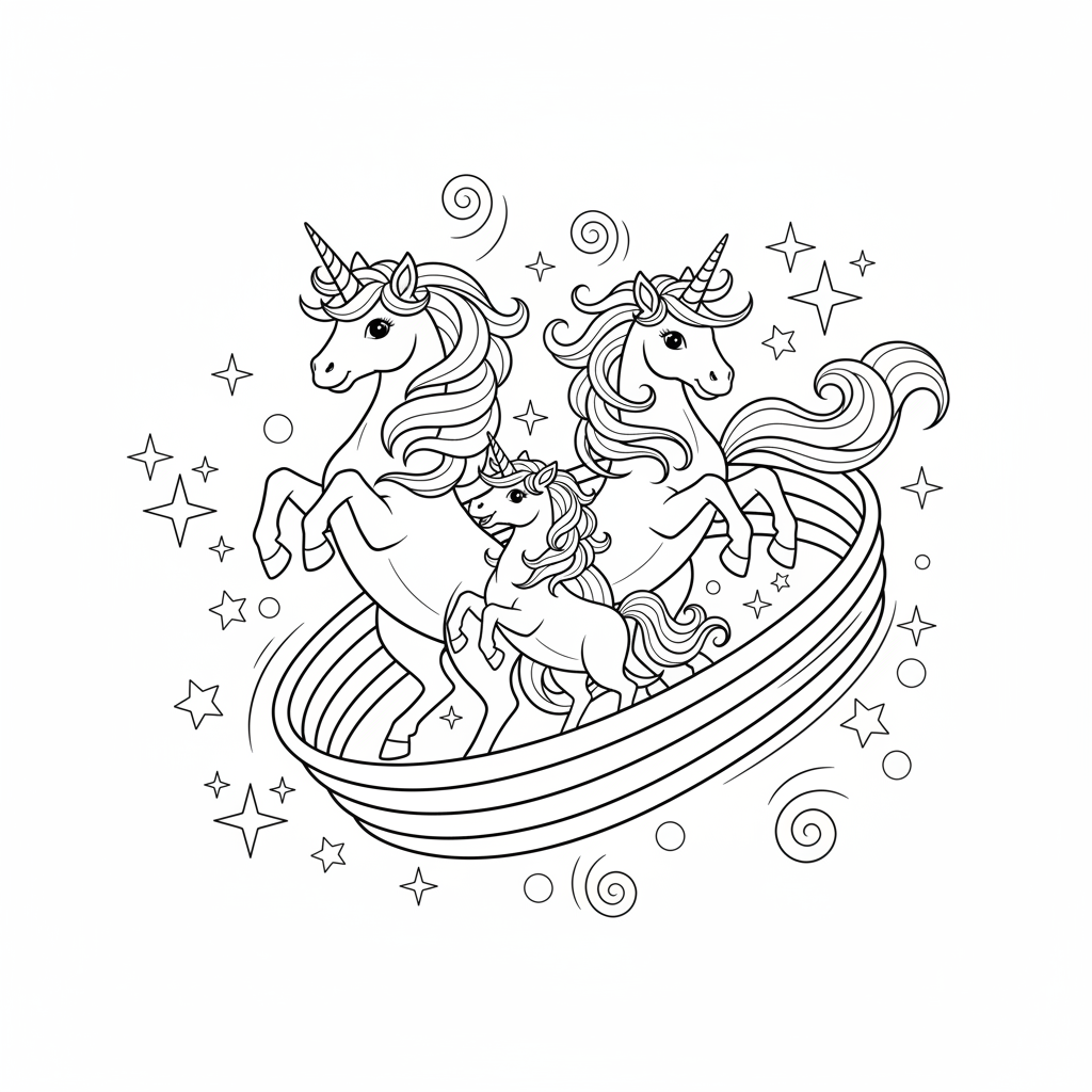 Seite 1: Die Einhornfamilie dreht sich vergnügt auf einem leuchtenden Regenbogen. Ihre Hufe knirschen sanft auf den schillernden Farben, während ein warmes Licht sie umhüllt. Doch ein seltsames Echo scheint aus der Ferne zu rufen.