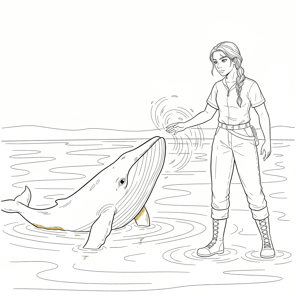 Seite 2: Ein leises Flüstern schien über das goldene Wasser zu gleiten, als der Wal näherkam, seine riesige Form spiegelte sich in der glänzenden Oberfläche. Die Stille des Sees wurde nur vom sanften Plätschern unterbrochen.