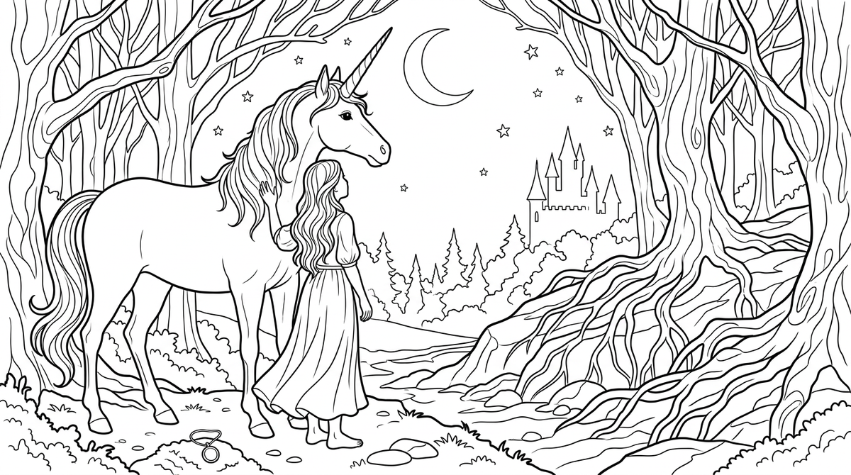 Seite 4: Das Einhorn legt sanft seinen Kopf an ihre Schulter, ein stummes Versprechen in seinen dunklen Augen. Gemeinsam blicken sie zur Mondsichel auf, die nun durch die Baumwipfel scheint.