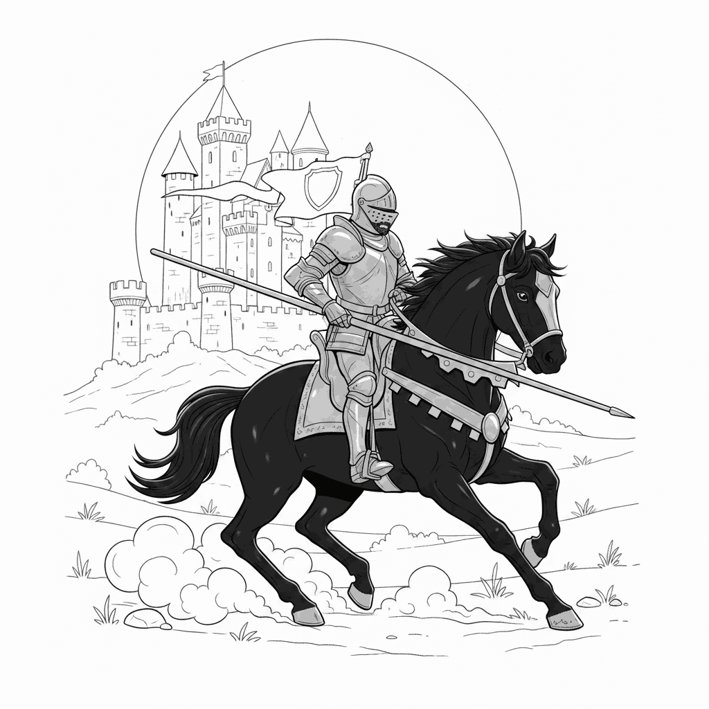 Seite 4: Wieder im Sattel, blickt der Ritter zur Burg auf, die nun im Mondlicht schimmert. Das Pferd schnaubt leise, bereit für den letzten Abschnitt des Weges. Gemeinsam reiten sie weiter, das Echo ihrer Hufe hallt in der Nacht, ein Versprechen in der Luft.