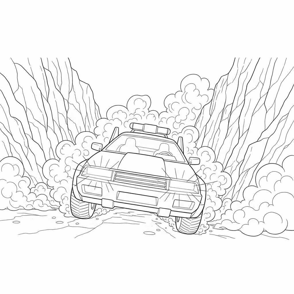 Seite 3: Die Verfolgung wird intensiver; Funken sprühen, als der Rover eine scharfe Kurve nimmt und beinahe eine Felswand streift. Das blinkende Blaulicht des Polizeiautos reflektiert im Staub. Der Hebel wird durchgedrückt.