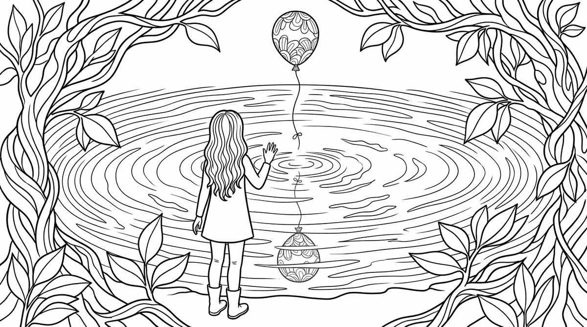 Seite 4: Sie taucht ihre Hand ins kühle Wasser, eine leise Spiegelung des Ballons bildet sich auf der Oberfläche, während ein Gefühl von tiefer Stille sie umfängt. Das Abenteuer hat gerade erst begonnen.