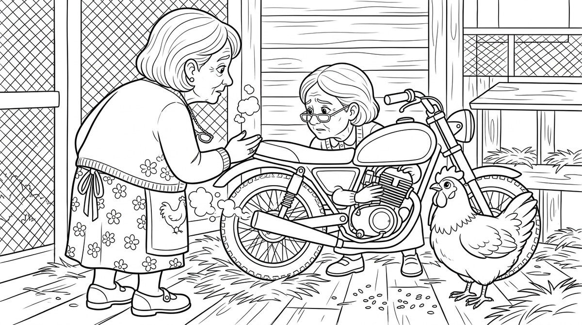 Seite 2: Plötzlich hustet der Motor, das Motorrad stottert und kommt zum Stehen. Das Huhn blickt Oma Jutta fragend an, ein leises Gackern erfüllt die Stille. Oma Jutta spürt eine Welle der Wehmut, denn sie weiß, dass das Motorrad alt ist.