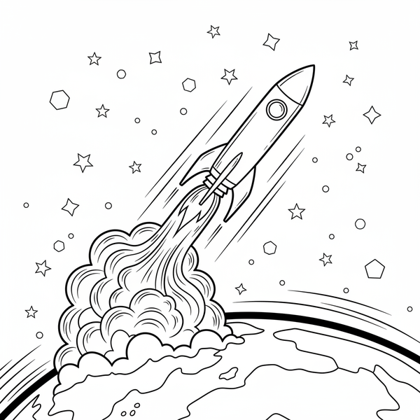 Malvorlage: Ein Raketenschiff startet von der Erde und entkommt der