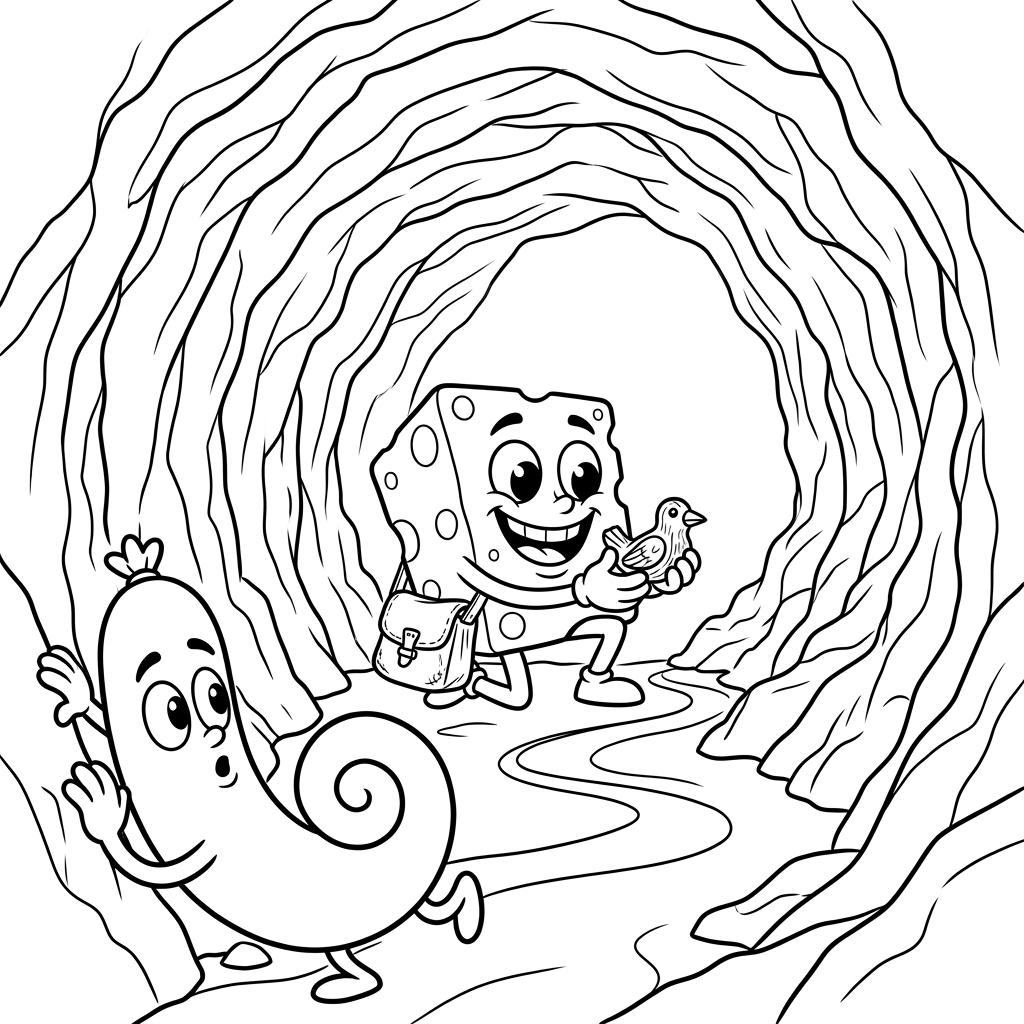 Seite 4: Im Inneren der Höhle fand Kalle ein kleines, geschnitztes Vogel-Symbol, das im Dunkeln zu funkeln schien. Er hielt es fest, während draußen die Wurst verwirrt stehen blieb.