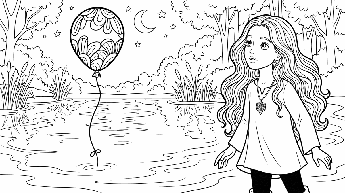 Seite 3: Plötzlich bleibt der Ballon stehen, schwebt regungslos über einem verborgenen Teich, dessen Oberfläche wie ein Spiegel die Sterne fängt. Ihr Atem geht flach, als sie eine Entscheidung trifft.