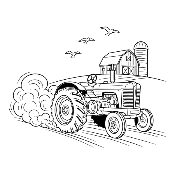 Malvorlage: Ein fahrender Traktor auf einem Feldweg