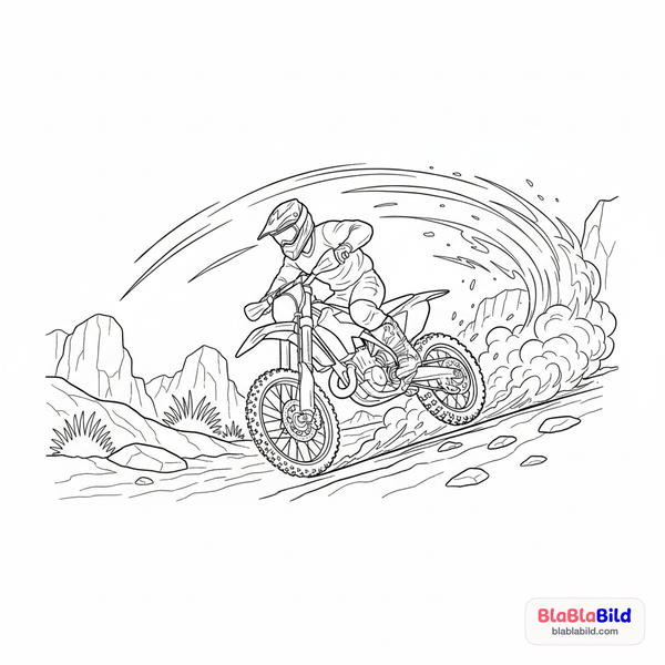 Malvorlage: Ein cooles Crossmotorrad fährt auf einer Offroad-Strecke