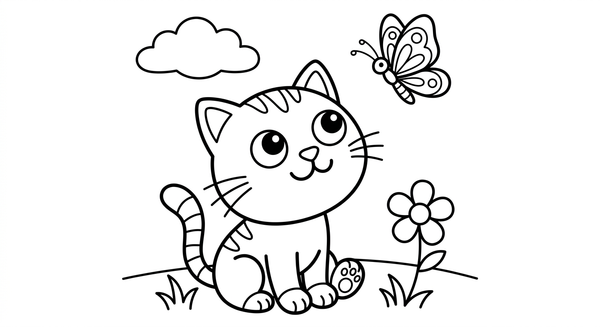 Malvorlage: Eine Katze mit einem Schmetterling