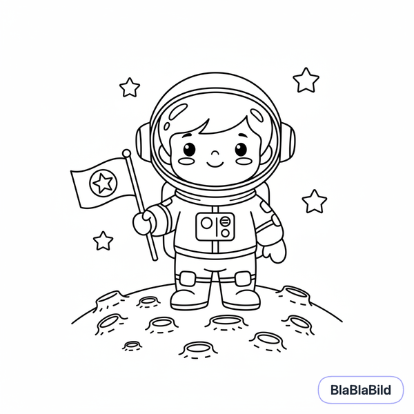 Malvorlage: Ein fröhlicher Astronaut auf dem Mond mit einer Flagge
