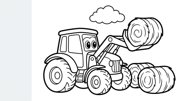 Malvorlage: Ein Traktor mit Frontlader hebt Heu