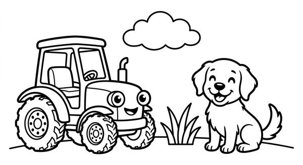 Malvorlage: Ein kleiner Traktor und ein Hund