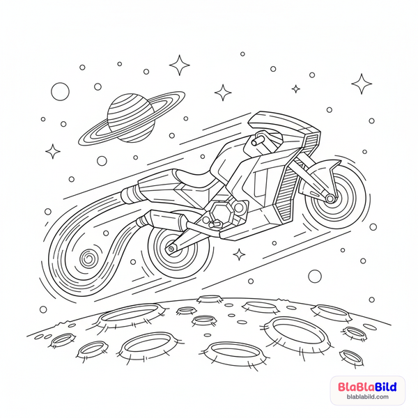 Malvorlage: Ein cooles, springendes Kosmo-Motorrad über einer Mondlan