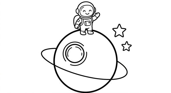 Malvorlage: Ein Planet mit kleinem Astronauten