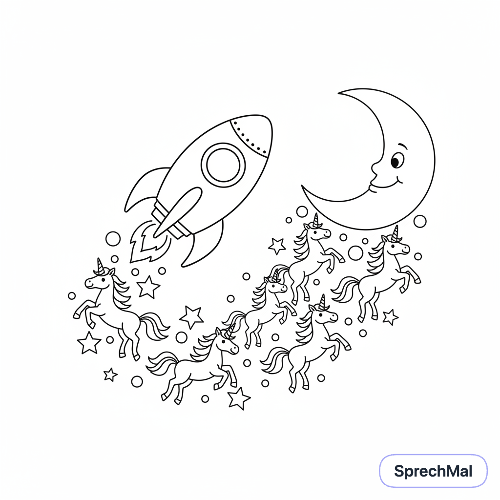 Seite 1: Eine Rakete fliegt zum Mond.