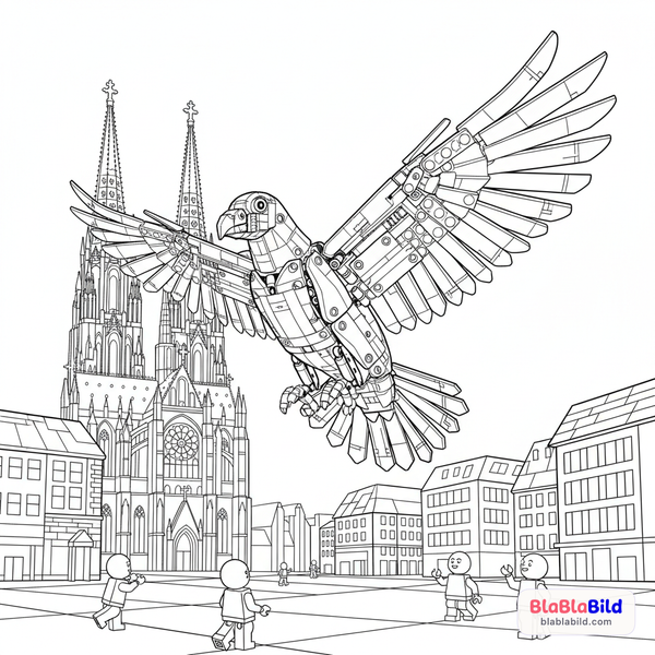 Malvorlage: Eine Lego Technic Taube fliegt über die Kölner Domplatte