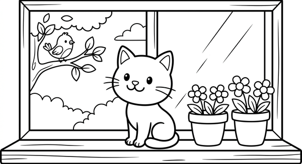 Malvorlage: Eine Katze sitzt auf einem Fensterbrett
