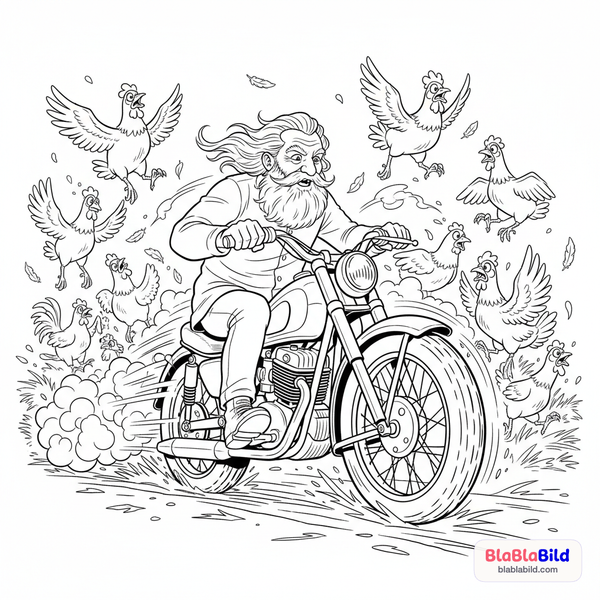 Ein Opa fährt auf einem Motorrad durch einen chaotischen…
