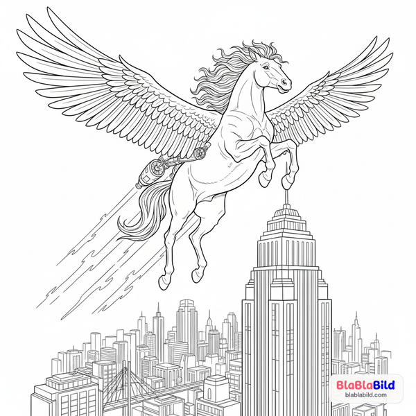 Malvorlage: Ein Pferd springt von einem Hochhaus, entfaltet Düsen-Tri