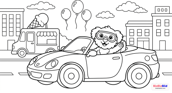 Malvorlage: Ein cooler Sportwagen mit einem Hund am Steuer fährt