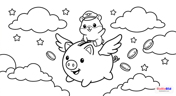 Malvorlage: Ein fliegendes Sparschwein und ein kleiner Hamster auf