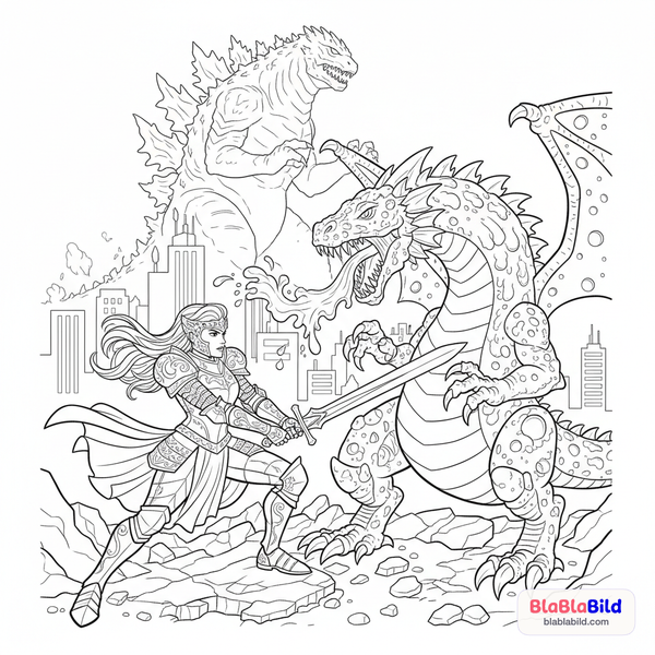 Malvorlage: Eine Prinzessin kämpft mit einem Käse-Drachen gegen Godzilla