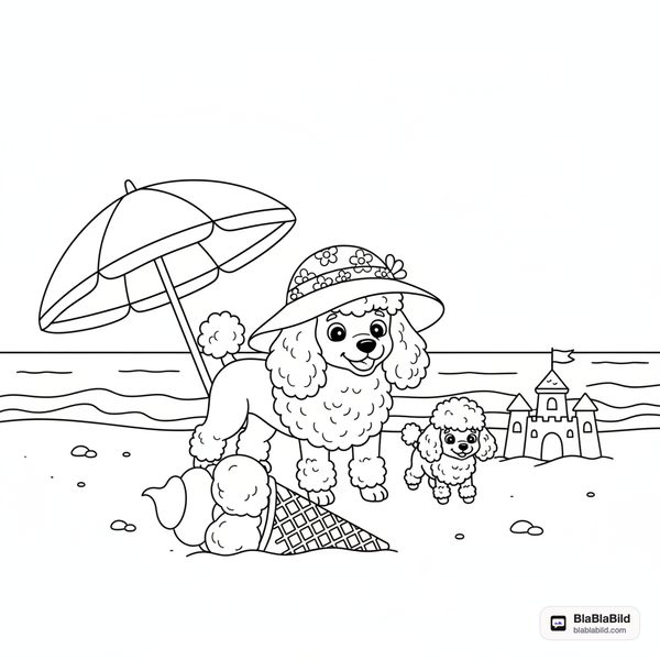 Malvorlage: Ein großer und ein kleiner Pudel finden am Strand ein