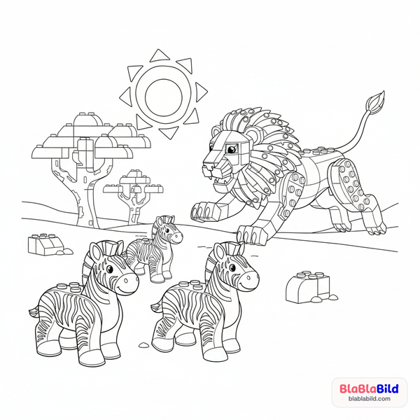 Malvorlage: Ein Lego-Löwe springt in eine Herde Duplo-Zebras