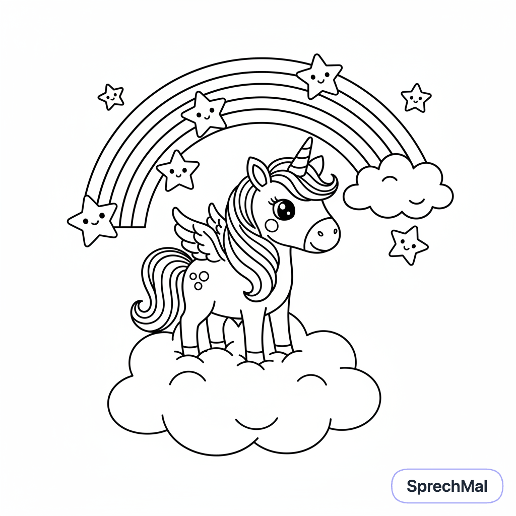 Seite 1: Das Einhorn steht sanft auf einer weichen Wolke.
