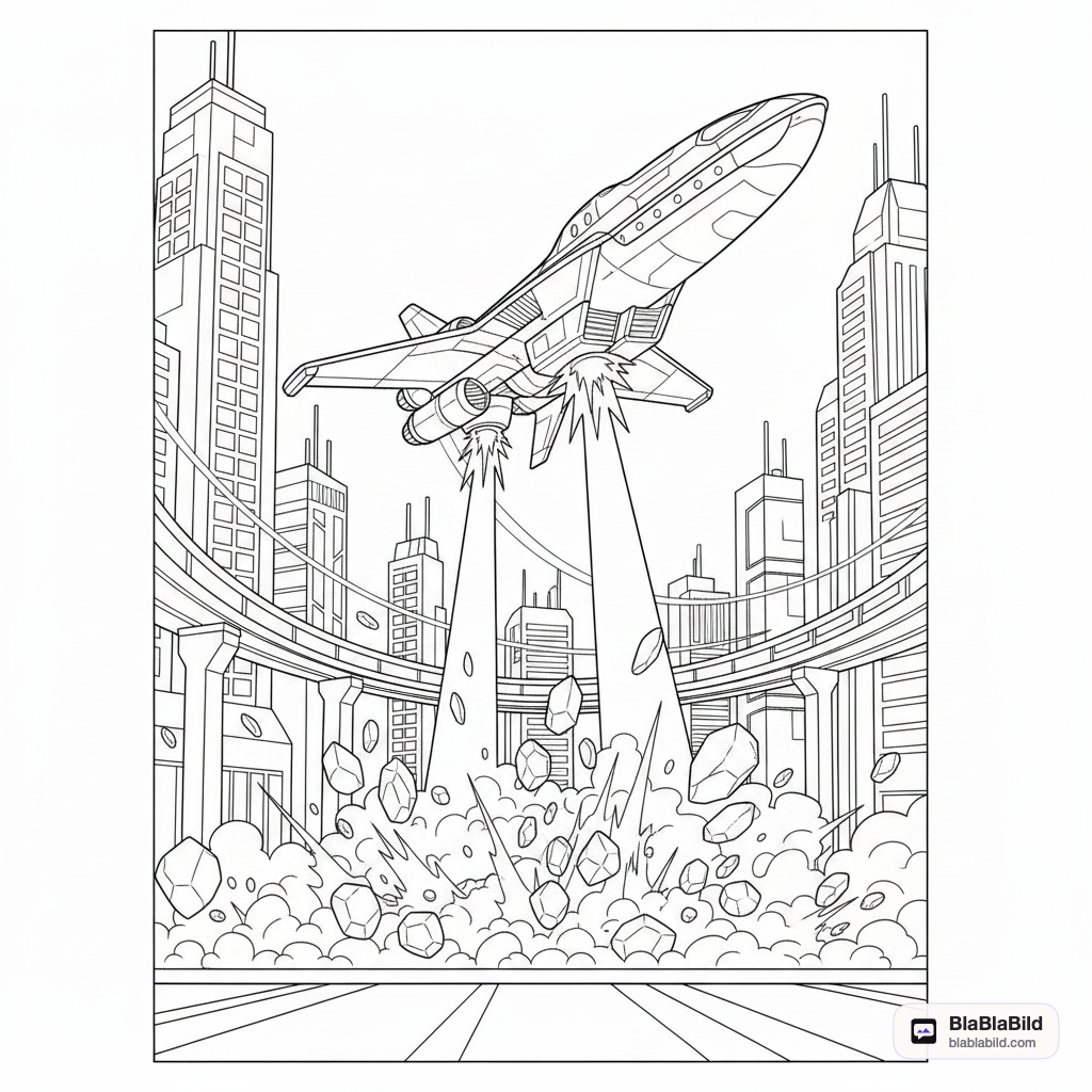 Seite 4: Der Sternenkreuzer hob ab, seine Düsentriebwerke fauchten und ließen den Asphalt unter sich beben. Er schoss durch die futuristische Stadt, ein Schatten, der sich schnell dem Horizont näherte.