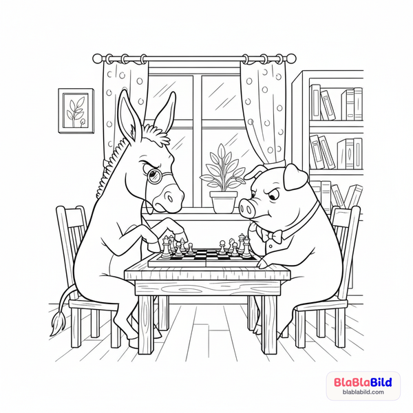 Malvorlage: Ein Esel und ein Schwein spielen konzentriert Schach